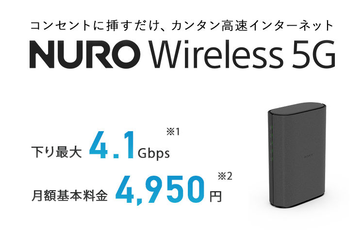 コンセントに挿すだけ、カンタン高速インターネット NURO Wireless 5G 下り最大4.1Gbps※1、月額基本料金4,950円※2
